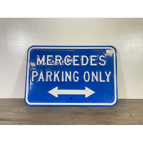 1463A - A blue metal Mercedes Parking Only sign - approx. 45cm wide x 30cm high