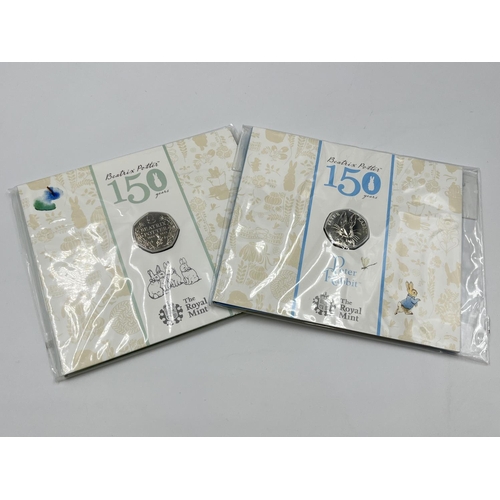 2267 - Six boxed and sealed The Royal Mint Beatrix Potter 150 years commemorative 50p coins to include 2017... 