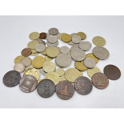 2268 - A collection of coins and rare halfpenny conder tokens; coins to include 1806 ½ penny, 92.5% silver ... 