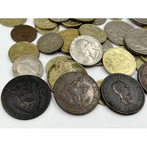 2268 - A collection of coins and rare halfpenny conder tokens; coins to include 1806 ½ penny, 92.5% silver ... 