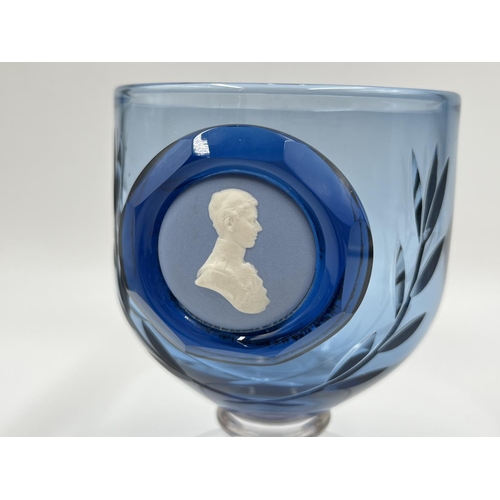 259 - A Wedgwood pale blue Jasperware cameo glass goblet featuring King Charles III - approx. 14cm high x ... 