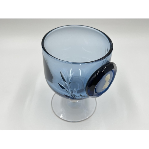 259 - A Wedgwood pale blue Jasperware cameo glass goblet featuring King Charles III - approx. 14cm high x ... 