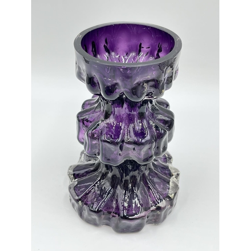 262 - A mid 20th century Ingrid style 15.5cm three tiered purple glass vase