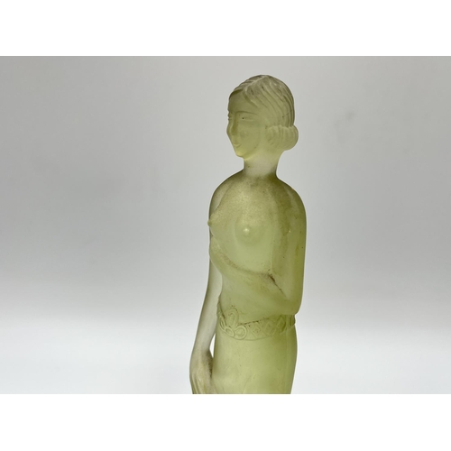 265 - Two frosted glass figurines comprising Muller & Co green uranium and one purple Aphrodite - approx. ... 