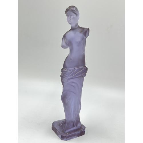 265 - Two frosted glass figurines comprising Muller & Co green uranium and one purple Aphrodite - approx. ... 