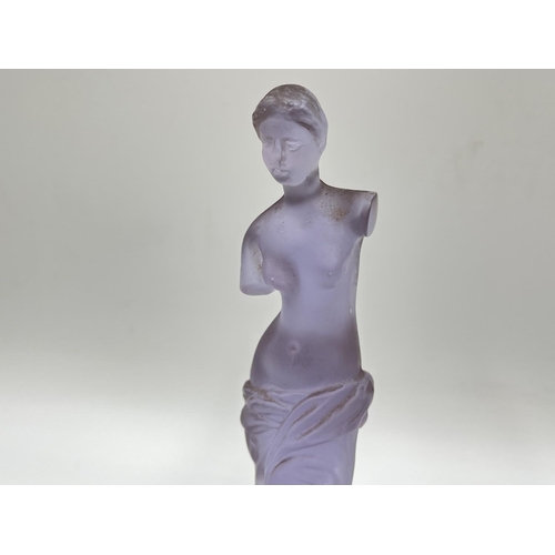 265 - Two frosted glass figurines comprising Muller & Co green uranium and one purple Aphrodite - approx. ... 