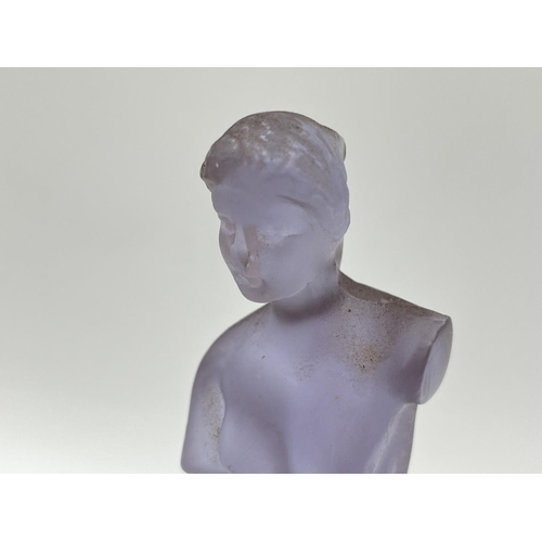 265 - Two frosted glass figurines comprising Muller & Co green uranium and one purple Aphrodite - approx. ... 