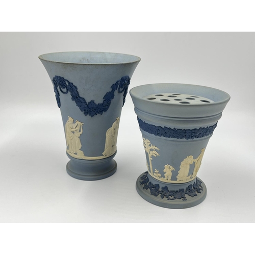 273 - Two Wedgwood tri coloured blue Jasperware vases, one being boxed - largest approx. 15.5cm high