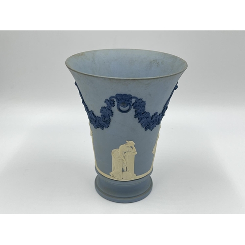 273 - Two Wedgwood tri coloured blue Jasperware vases, one being boxed - largest approx. 15.5cm high