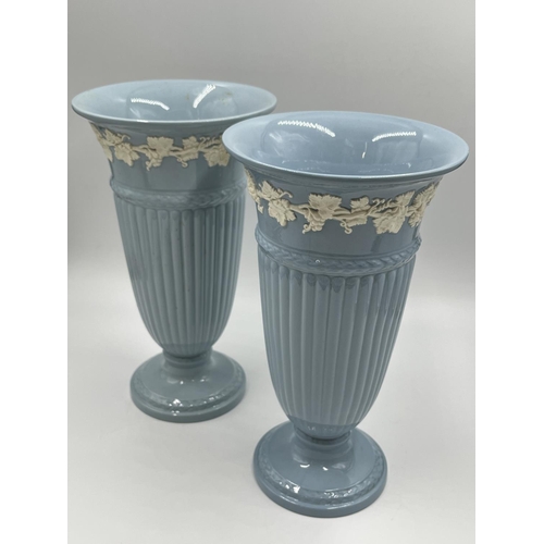 278 - A pair of Wedgwood Embossed Queen's Ware trumpet vases - approx. 28cm high