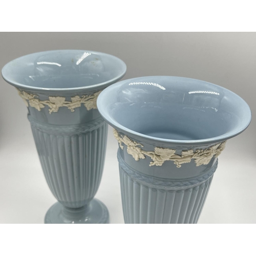 278 - A pair of Wedgwood Embossed Queen's Ware trumpet vases - approx. 28cm high