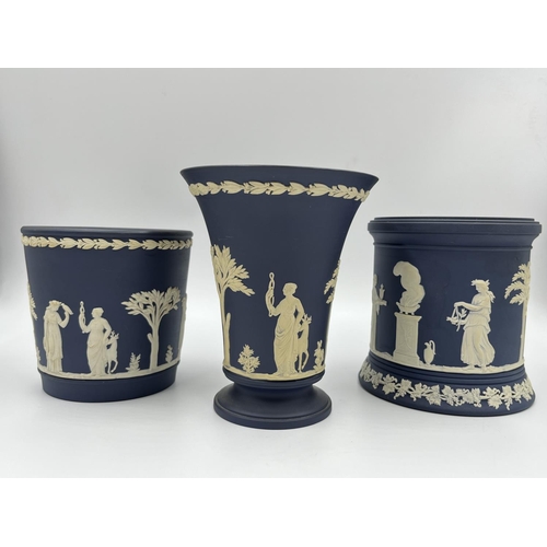 298 - Three pieces of Wedgwood Portland blue Jasperware - largest approx. 15cm high