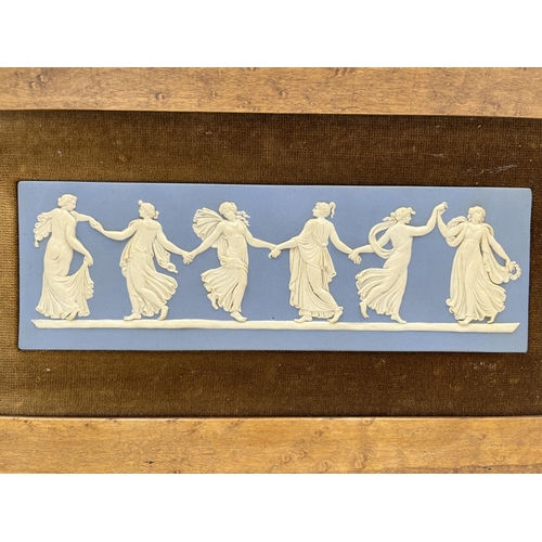 299 - A framed Wedgwood Dancing Hours pale blue Jasperware plaque - approx. 33cm wide x 18cm high