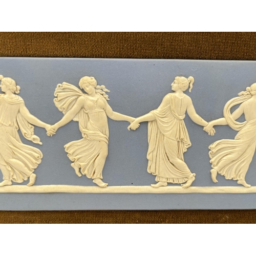 299 - A framed Wedgwood Dancing Hours pale blue Jasperware plaque - approx. 33cm wide x 18cm high