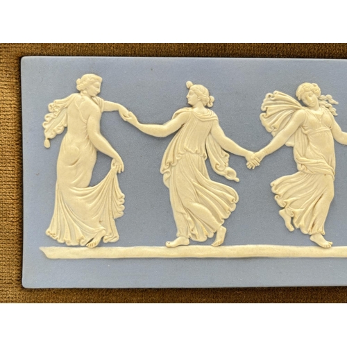 299 - A framed Wedgwood Dancing Hours pale blue Jasperware plaque - approx. 33cm wide x 18cm high