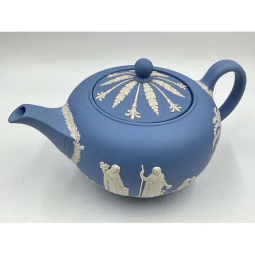 320 - A Wedgwood pale blue Jasperware teapot - approx. 13cm high x 22.5cm wide