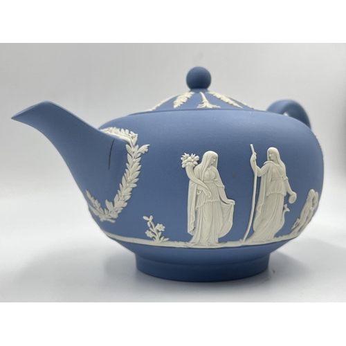 320 - A Wedgwood pale blue Jasperware teapot - approx. 13cm high x 22.5cm wide