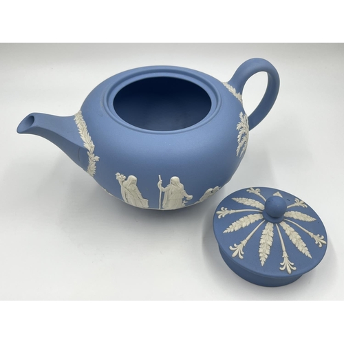 320 - A Wedgwood pale blue Jasperware teapot - approx. 13cm high x 22.5cm wide