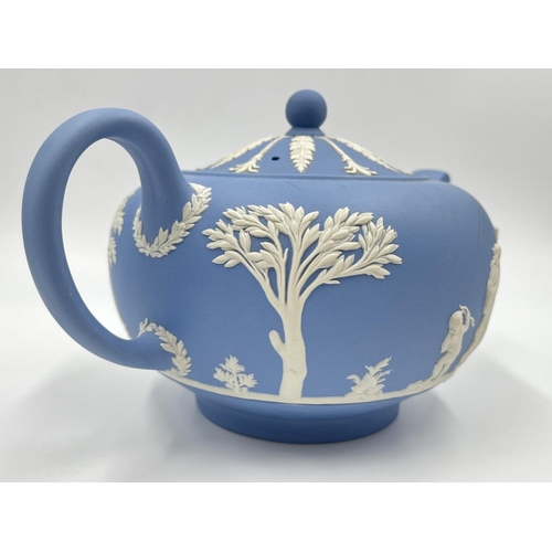 320 - A Wedgwood pale blue Jasperware teapot - approx. 13cm high x 22.5cm wide