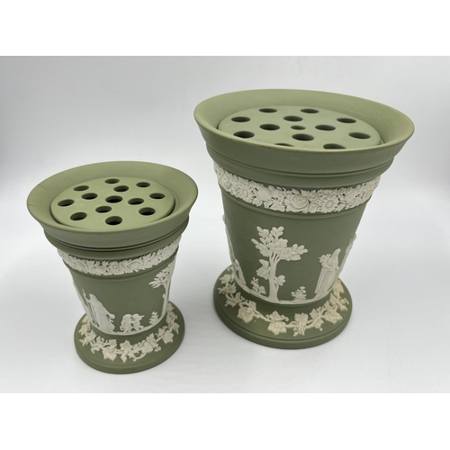 325 - Two Wedgwood sage green Jasperware vases and frogs - largest approx. 17cm high