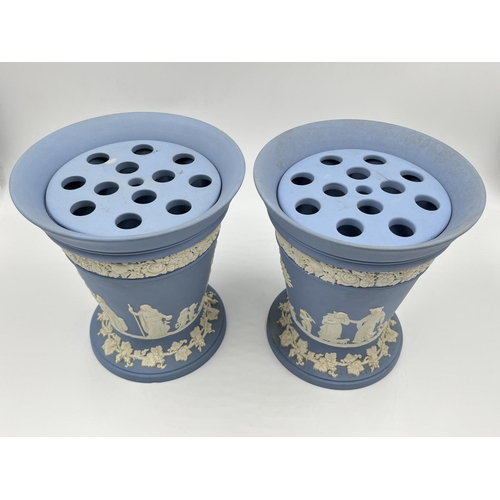 332 - A pair of Wedgwood pale blue Jasperware vases and frogs - approx. 17cm high