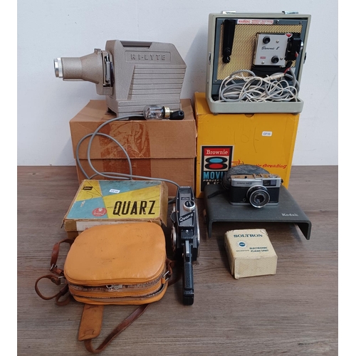 764 - Five items, one boxed and cased KMZ Quarz cine camera, one Olympus Trip 35 compact camera, one boxed... 