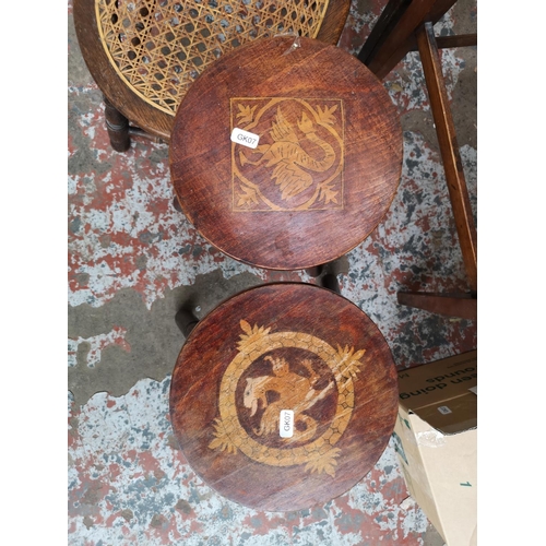 10 - Five pieces of furniture, two hardwood circular topped tri footed stools, one mid 20th century oak s... 