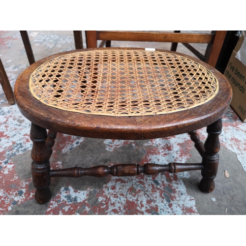 10 - Five pieces of furniture, two hardwood circular topped tri footed stools, one mid 20th century oak s... 