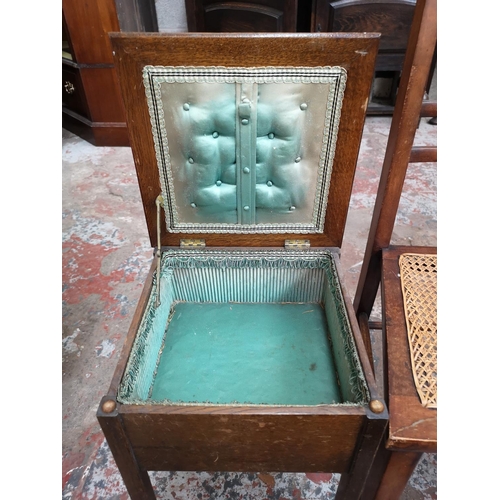 10 - Five pieces of furniture, two hardwood circular topped tri footed stools, one mid 20th century oak s... 