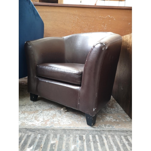 102 - A modern brown leatherette child's tub chair and footstool