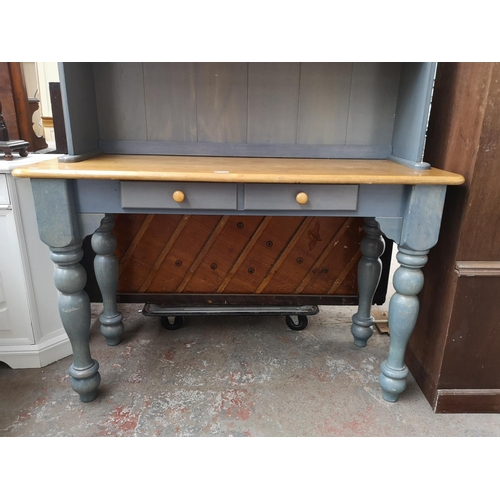 128A - A modern beech and grey painted dresser with two drawers and upper two tier plate rack - approx. 190... 