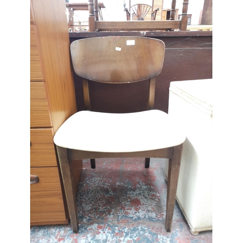 31 - Four pieces of mid 20th century furniture, two walnut and vinyl dining chairs, one Lloyd Loom style ... 