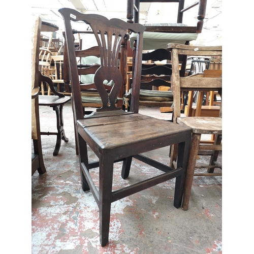 37 - Five chairs, three early 20th century elm and beech chapel chairs and two Georgian oak dining chairs