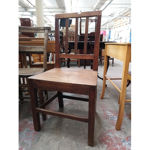 37 - Five chairs, three early 20th century elm and beech chapel chairs and two Georgian oak dining chairs