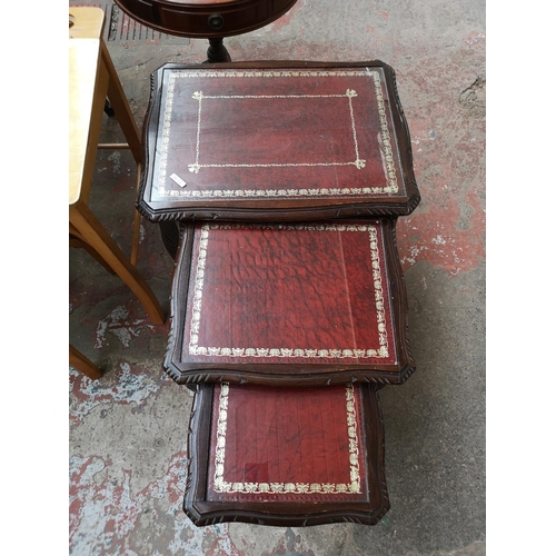 38 - Two piece of furniture, one beech child's desk and chair and one mahogany nest of three tables with ... 