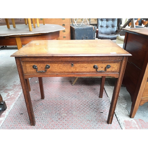 50 - A Georgian oak and mahogany crossbanded single drawer side table - approx. 68cm high x 78cm wide x 4... 