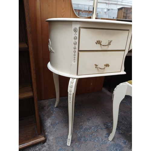 58 - A French style white painted kidney shaped dressing table with three section bevelled edge mirror an... 