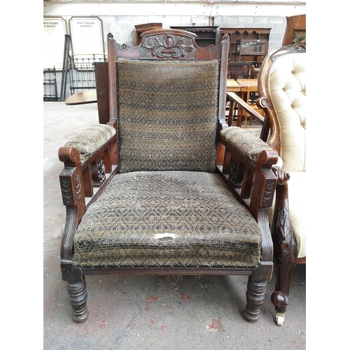 78 - An Edwardian mahogany and fabric upholstered parlour chair - approx. 101cm high x 70cm wide x 67cm d... 