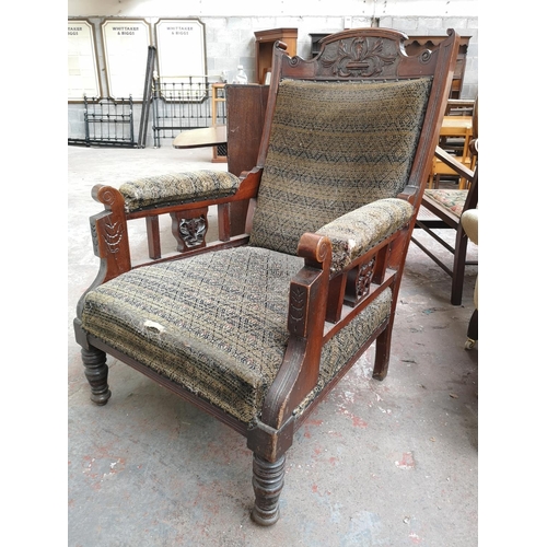 78 - An Edwardian mahogany and fabric upholstered parlour chair - approx. 101cm high x 70cm wide x 67cm d... 