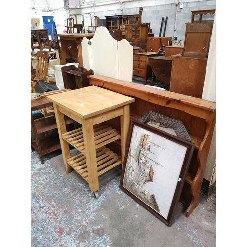 94 - Four items, modern beech kitchen trolley island, framed W. Jones oil on canvas, early 20th century o... 