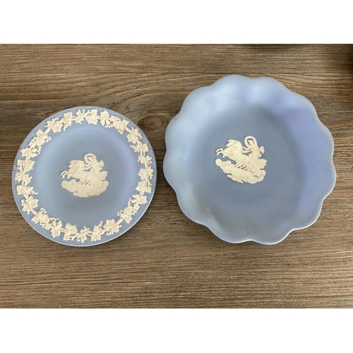 333 - A collection of Wedgwood pale blue Jasperware to include trinket dishes, plates etc.