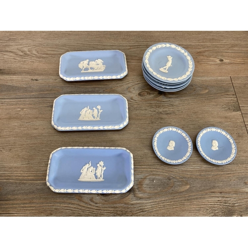 333 - A collection of Wedgwood pale blue Jasperware to include trinket dishes, plates etc.