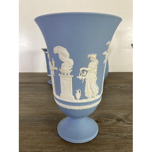 340 - Five Wedgwood pale blue Jasperware vases - largest approx. 21cm high