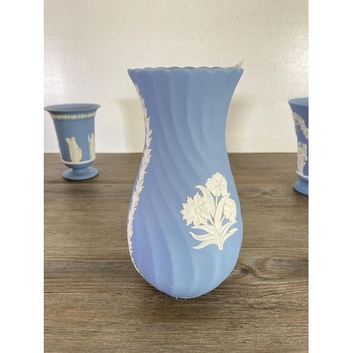 340 - Five Wedgwood pale blue Jasperware vases - largest approx. 21cm high