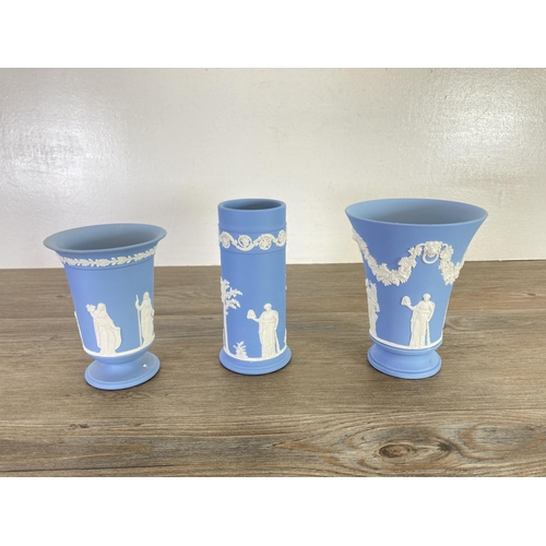 340 - Five Wedgwood pale blue Jasperware vases - largest approx. 21cm high