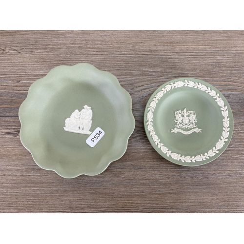 344 - Twelve Wedgwood sage green Jasperware trinket boxes and dishes