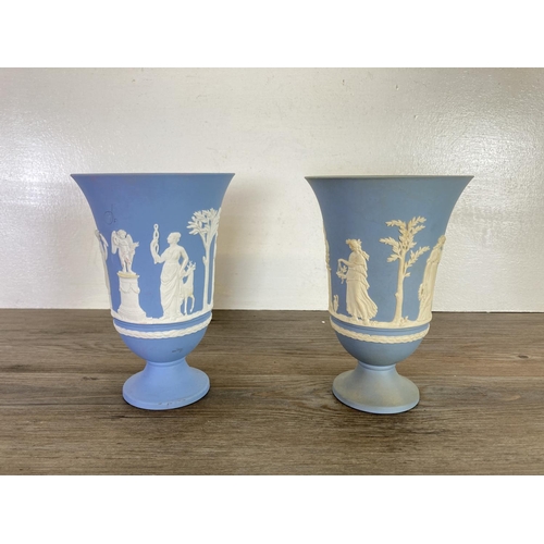 354 - Five Wedgwood pale blue Jasperware vases - largest approx. 19cm high