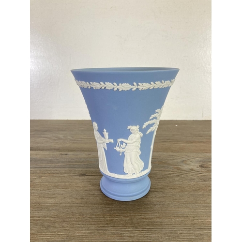 354 - Five Wedgwood pale blue Jasperware vases - largest approx. 19cm high