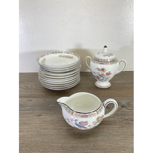 358 - A collection of Wedgwood Kutani Crane bone china to include two teapots, twin handled cake plate, tw... 