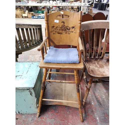 146 - Four chairs, three 19th century style beech farmhouse and one mid 20th century beech metamorphic chi... 